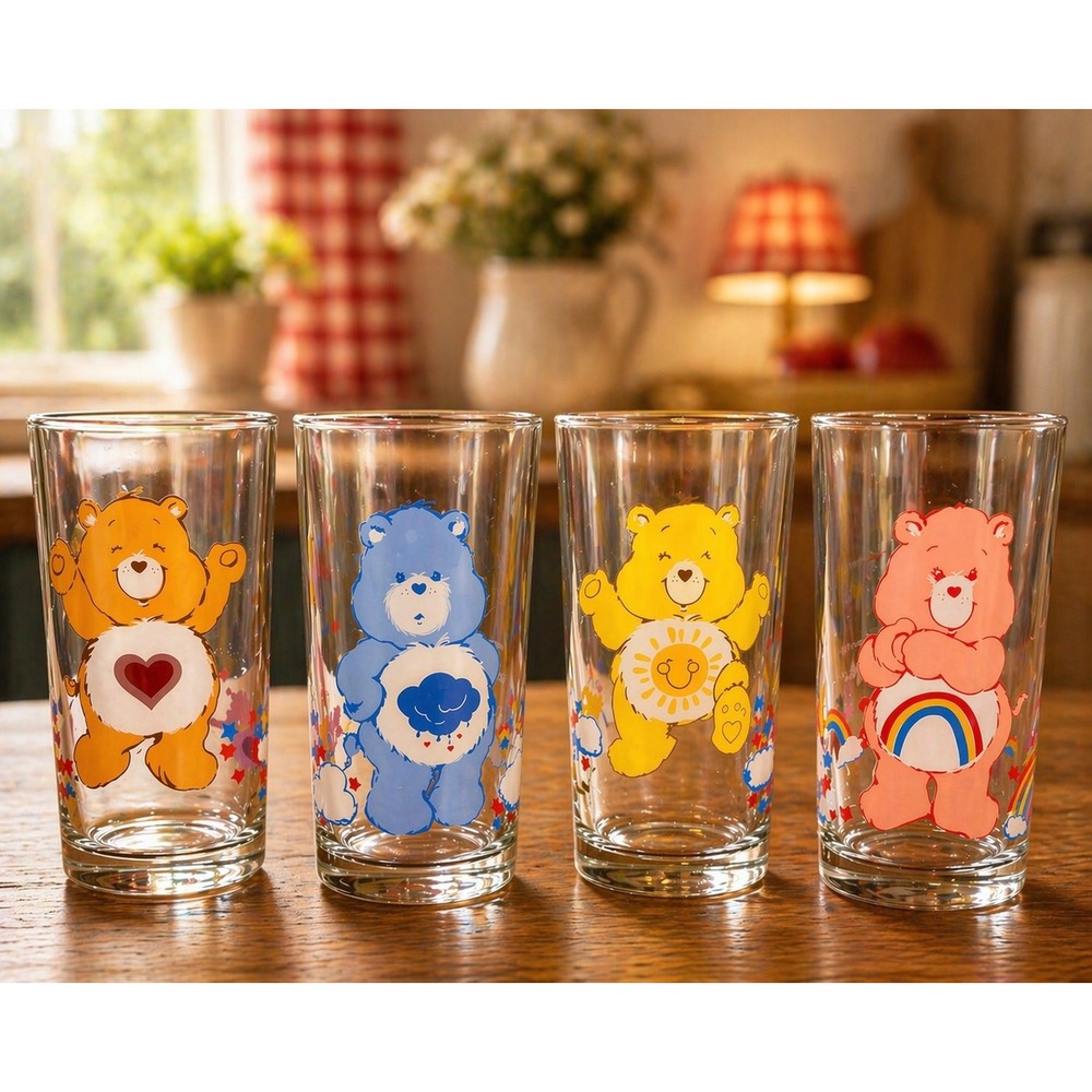 Vintage Care Bears Drinking Glasses Set of 4 1983 Pizza Hut Collector Series 6in